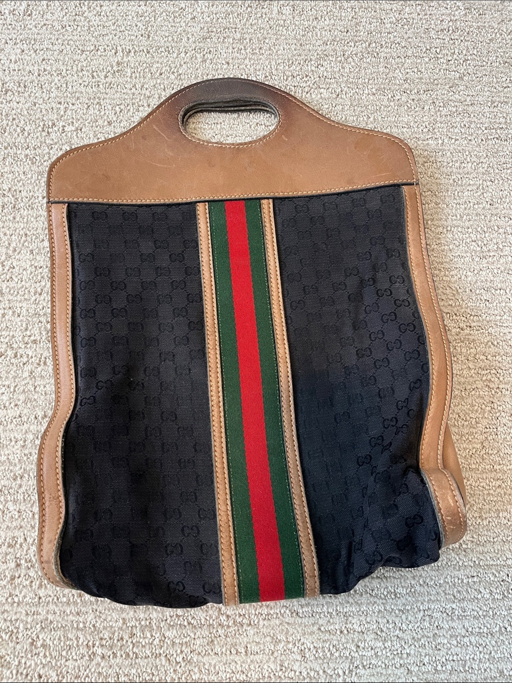 GUCCI Vintage Black Monogram Canvas with Tan Leather Tote